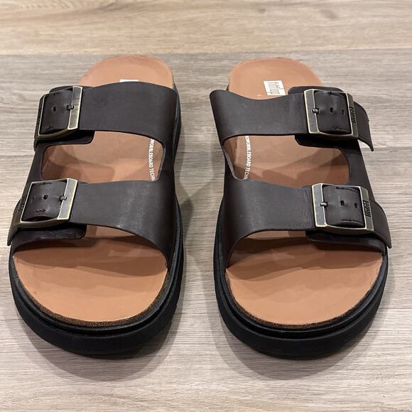 FitFlop NEW GEN-FF Men’s 12 Buckle Two-Bar Brown Leather Slides Sandals main image 6